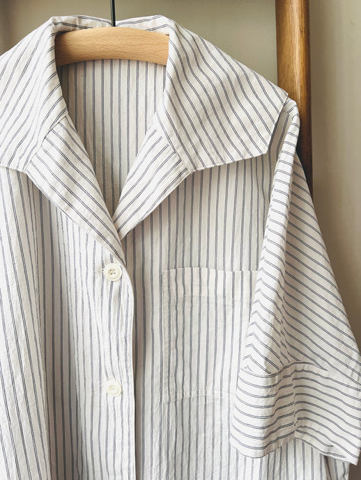 Open Collar Cotton Top / Pin Stripe