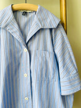 Open Collar Cotton Top / Blue Stripe