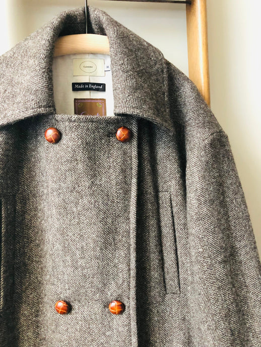 Shetland Wool Long Pea-Coat / Brown Herringbone